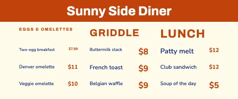 Breakfast diner menu front tablecloth template
