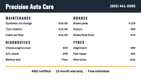 Auto repair bright TV menu board template