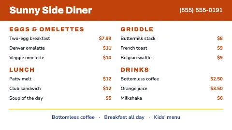Breakfast diner bright TV menu board template