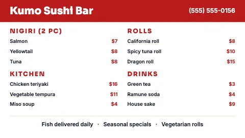 Sushi bar bright TV menu board template