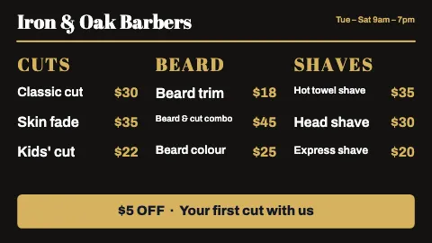 Barbershop three columns TV menu board template