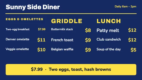 Breakfast diner three columns TV menu board template