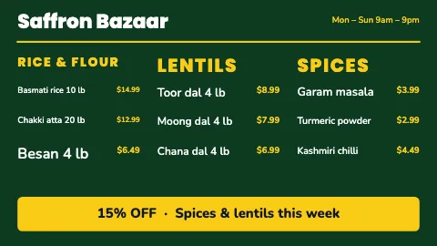 Indian grocery three columns TV menu board template