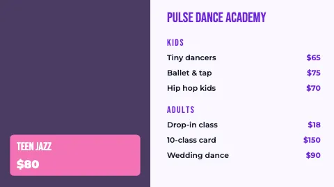 Dance studio featured item TV menu board template