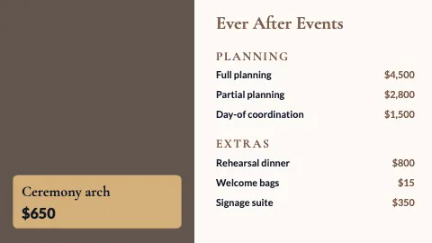 Weddings & events featured item TV menu board template
