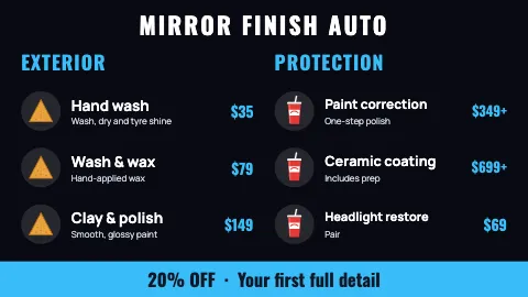 Auto detailing icon list TV menu board template