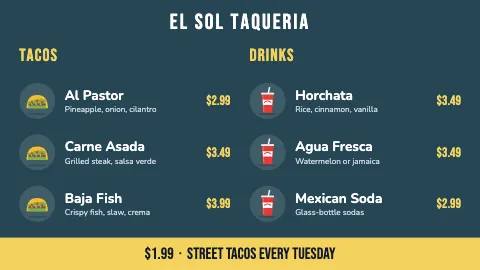 Taqueria icon list TV menu board template