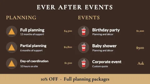 Weddings & events icon list TV menu board template