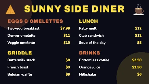 Breakfast diner neon night TV menu board template
