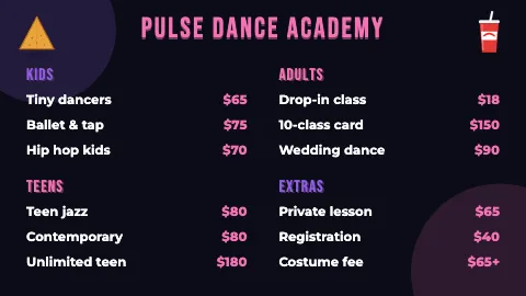 Dance studio neon night TV menu board template
