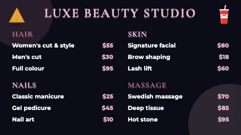 Salon & spa neon night TV menu board template
