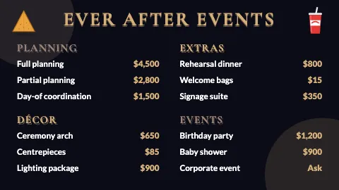 Weddings & events neon night TV menu board template