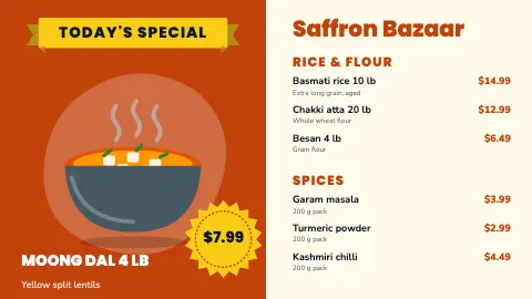 Indian grocery today's special TV menu board template