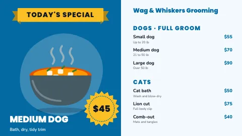 Pet grooming today's special TV menu board template