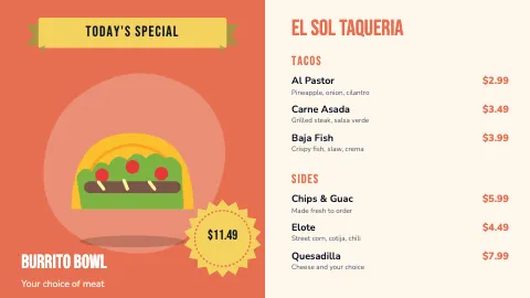 Taqueria today's special TV menu board template