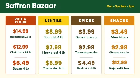 Indian grocery price matrix TV menu board template