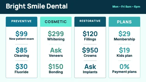 Medical & dental price matrix TV menu board template
