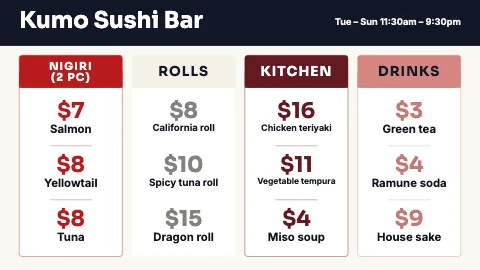 Sushi bar price matrix TV menu board template
