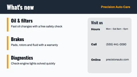 Auto repair announcements TV screen template