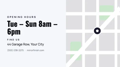 Auto detailing hours & map TV screen template