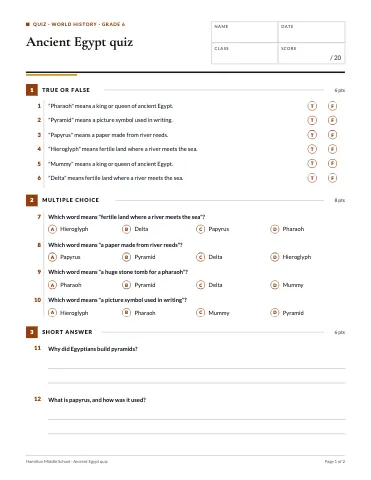 World history classroom quiz pack worksheet template