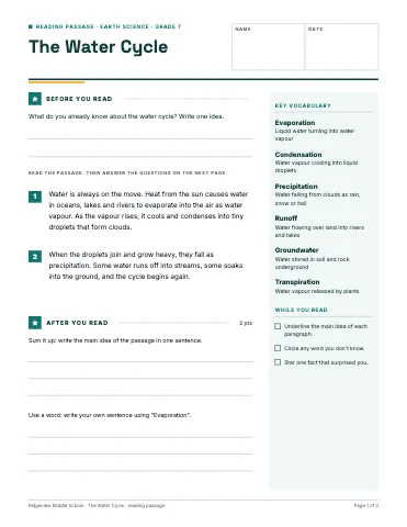 Middle school science reading comprehension bundle worksheet template