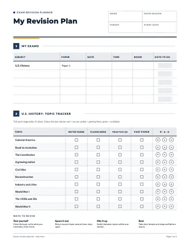 High school exam revision planner worksheet template