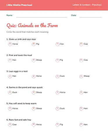 Preschool & Kindergarten multiple choice quiz worksheet template