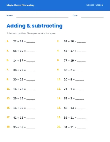 Elementary school maths practice worksheet template