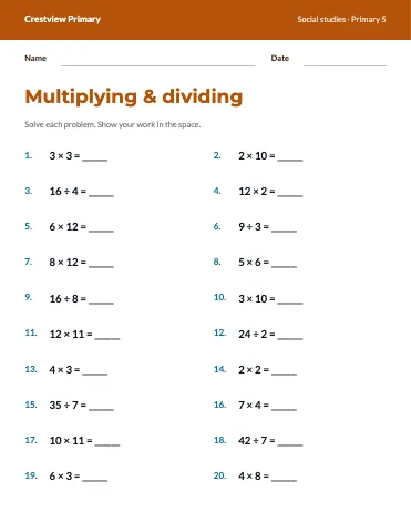 Social studies maths practice worksheet template