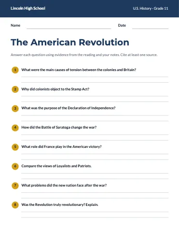 High school question sheet worksheet template