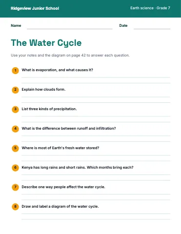 Middle school science question sheet worksheet template