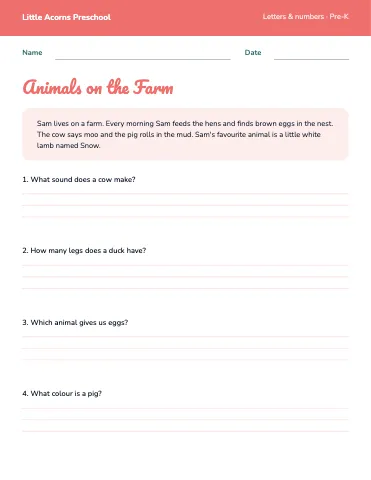 Preschool & Kindergarten reading comprehension worksheet template