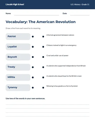 High school vocabulary match worksheet template