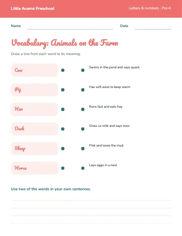 Preschool & Kindergarten vocabulary match worksheet template