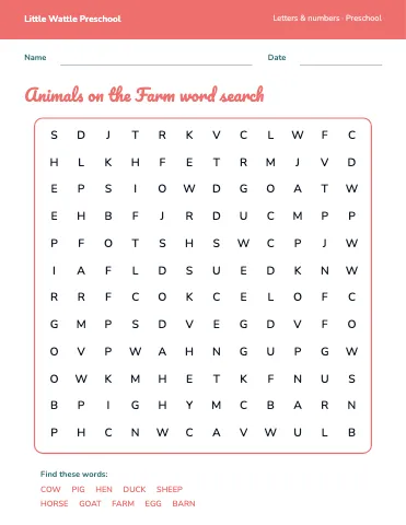 Preschool & Kindergarten word search worksheet template